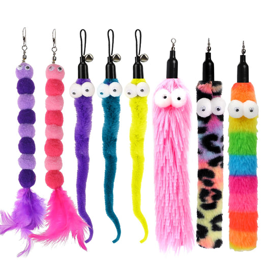 KALIONE Cat Worm Toy Refills Pack, 8 PCS Cat Toy Wand Replacement, Cat Wand Attachments, Cat Feather Toys, Cat Wiggly Toy, Fuzzy Cat Toy Fishing Pole Refill for Interactive Indoor Cats Kitten, Style C