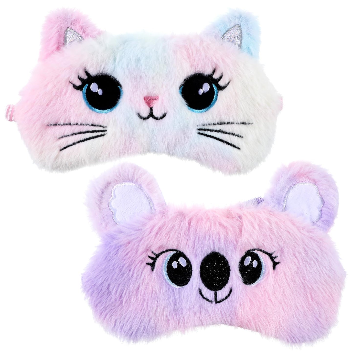 Kids Sleep Mask, 2 Pcs Cute Plush Cat Sleeping Mask for Women Soft Colorful Girls Sleep Masks Comfortable Funny Animal Sleeping Eye Cover for Home Travel Gift (Cat, Koala)
