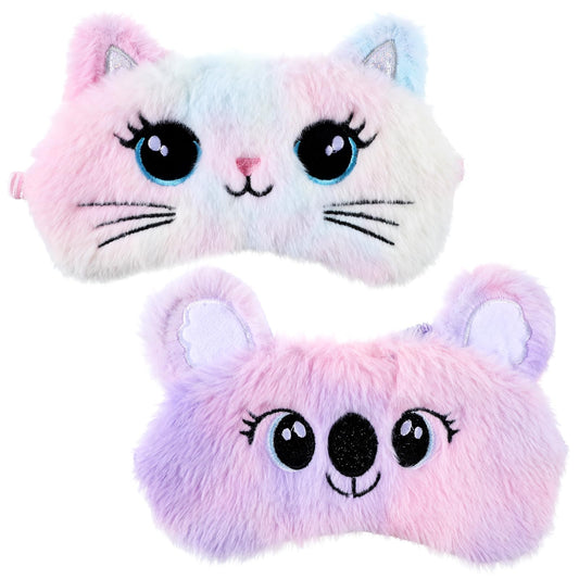 Kids Sleep Mask, 2 Pcs Cute Plush Cat Sleeping Mask for Women Soft Colorful Girls Sleep Masks Comfortable Funny Animal Sleeping Eye Cover for Home Travel Gift (Cat, Koala)