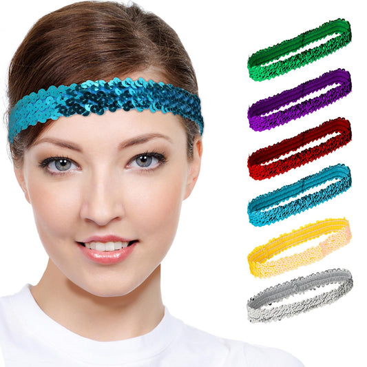 Sequin Headband, 6 Pieces Elastic Sparkly Headband Adjustable Size Disco Headband Bling Sport Head Band Glitter Headband for Women (6 Color)