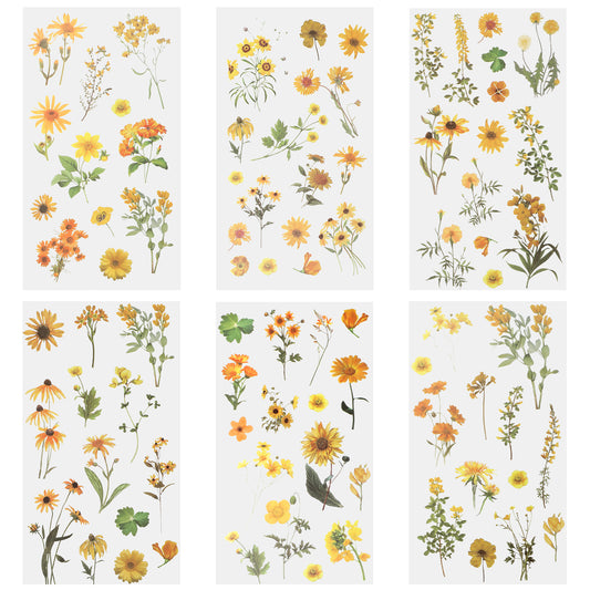 Sunflower Stickers, 6 Pcs Transparent Decals for Crafts Waterproof Flower Stickers Vinyl Flower Themed Decals for Scrapbook Supplies Card Making Journaling Water Bottles DIY Crafts Decoration