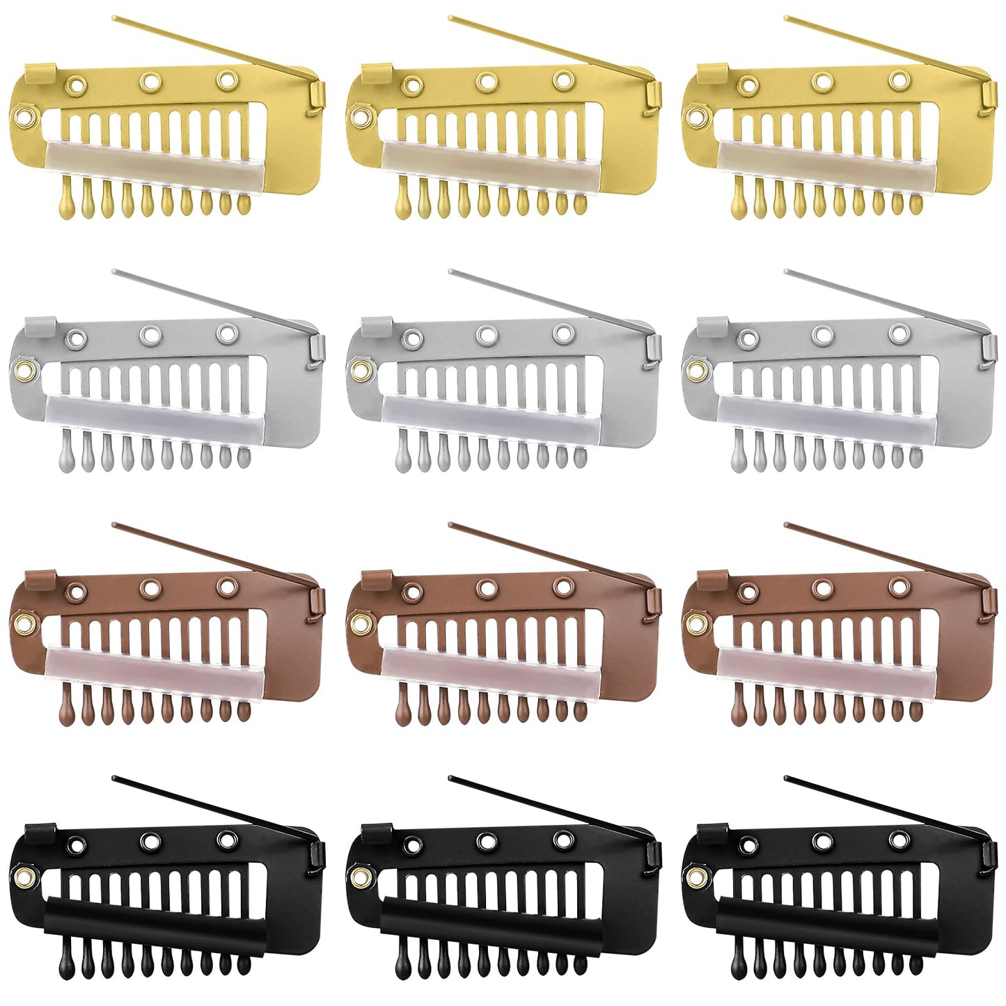 Wig Clips with Safety Pins, 12 Pcs 10-Teeth Chunni Clips Wig Combs to Secure Wig no Sew Hair Extension Clips Styling Tools for Women Girls Wig Headscarf, 4 Colors (Gold, Silver, Brown, Black)