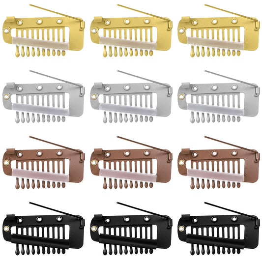 Wig Clips with Safety Pins, 12 Pcs 10-Teeth Chunni Clips Wig Combs to Secure Wig no Sew Hair Extension Clips Styling Tools for Women Girls Wig Headscarf, 4 Colors (Gold, Silver, Brown, Black)