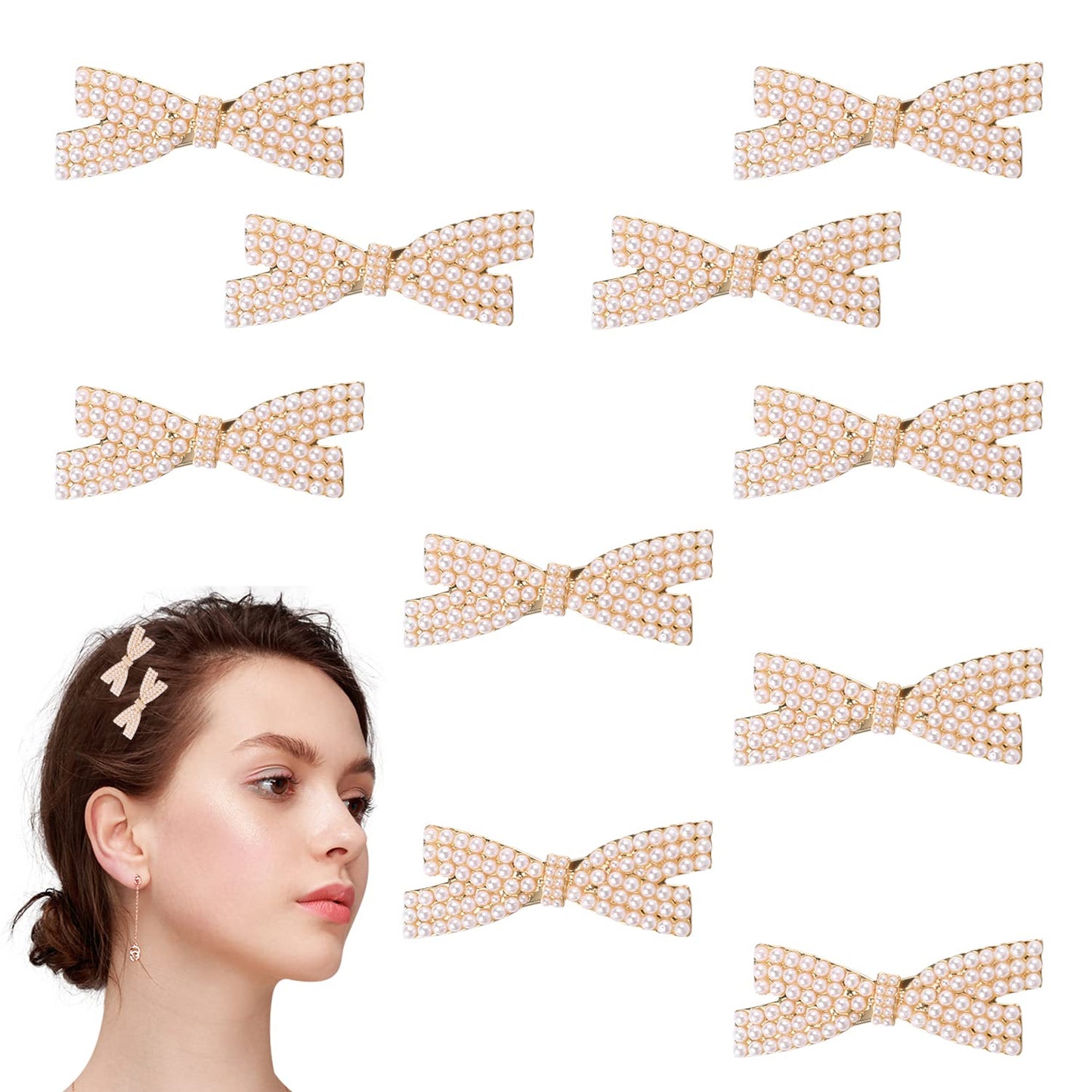 10 Pcs Pearl Bow Hair Barrettes Pins Pearl Bow Hair Clip for Girls, Wedding Hair Accessories for Women Duckbill Hair Claw Clips Gold Metal Hair Clip Hair Accessories for Girls Party Wedding Daily Wear