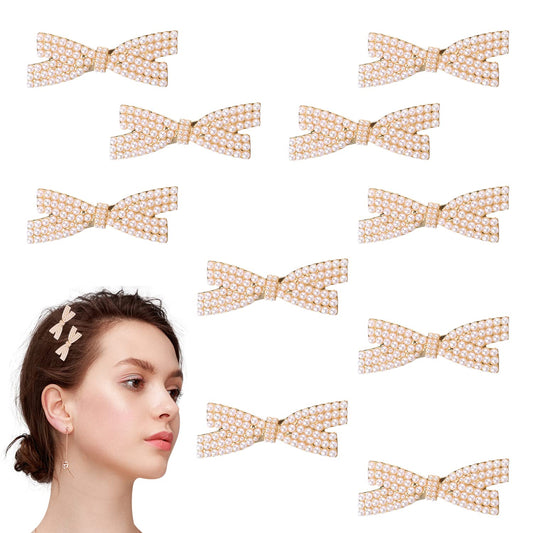 10 Pcs Pearl Bow Hair Barrettes Pins Pearl Bow Hair Clip for Girls, Wedding Hair Accessories for Women Duckbill Hair Claw Clips Gold Metal Hair Clip Hair Accessories for Girls Party Wedding Daily Wear