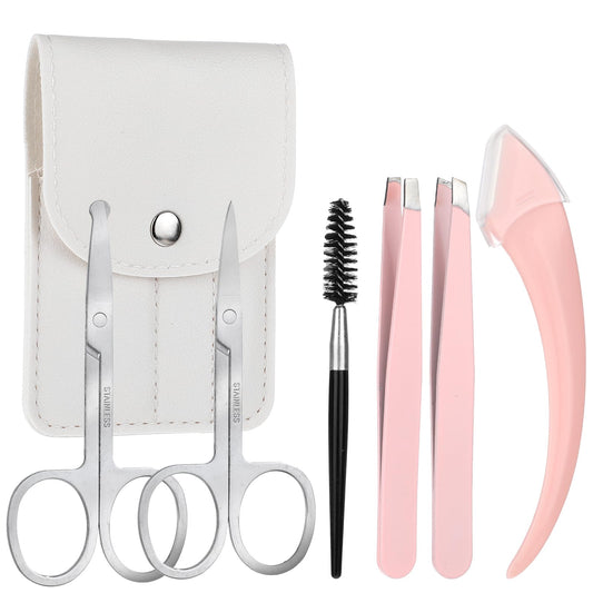 Eyebrow Scissors Set, 6 Pieces Eyebrow Tweezers Set for Women Curved Eyebrow Razor Eyebrow Brush Eyebrow Lamination Kit with Leather Case for Women Men Facial Chin Brow Splinter Ingrown Hair Removal