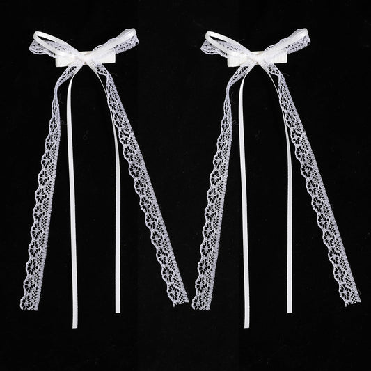 2Pcs White Lace Hair Bows with Long Tail, Coquette Lace Bow Hair Clips for Women, Elegant Ribbon Bow Barrettes Alligator Clip, Wedding Bridal Hairs Accessories for Girls Teens Daily Wear Party Decor