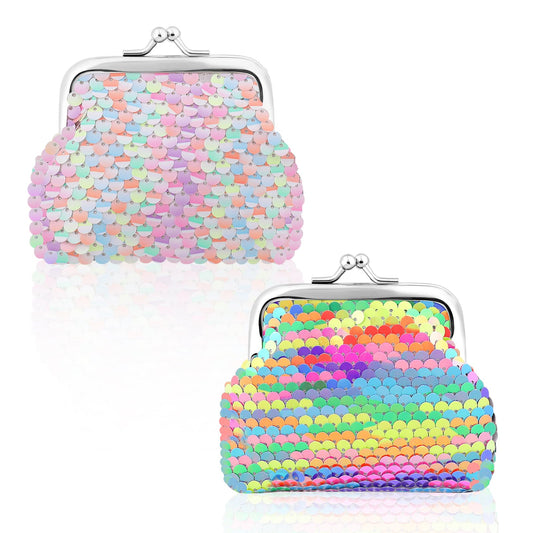 KALIONE 2 Packs Sequin Change Purse for Women, Small Colorful Coin Purses Coin Wallet with Kiss Lock Closure Reversible Glitter Sequin Wallet Pouch Gift for Women Girls Keep Change, Keys, Lipstick