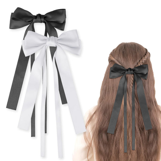 Large Hair Bows 2 Pieces Silky Satin Hair Bows Ribbon Hair Barrettes Clip Satin Ribbon Bow for Women Girls Hair Ribbon Bow Clip French Barrette Long Tail Hair Accessories White, Black