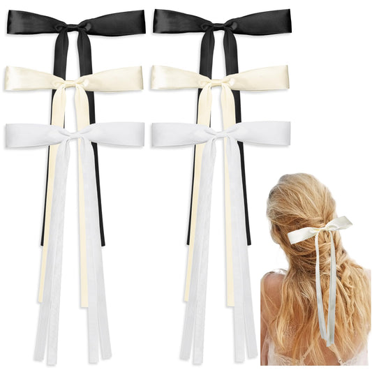 Hariendny 6 Pcs Tassel Ribbon Bowknot Clips Hair Ribbon Bow Clips With Long Tail Hair Bows Hair Ribbons for Women Girls(Black&Beige&White)