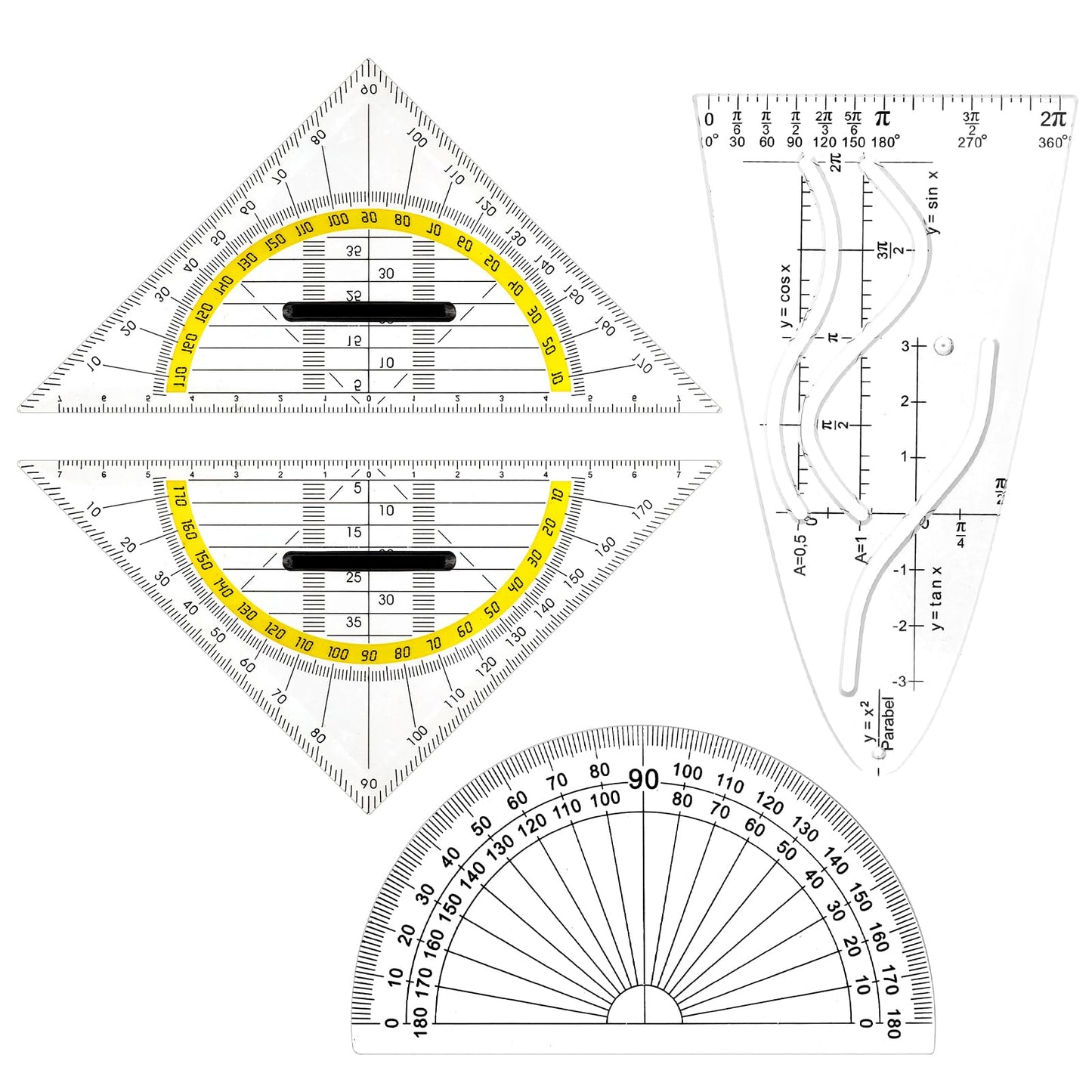 4 Piece Geometry Triangle Set, Parabola Template Math, Geo Triangle Made of Plastic, Geo Triangle Primary School, Parabola Ruler, Small Geo Triangle, Protractor School Supplies