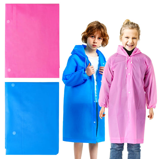 KALIONE 2 Pack Portable Rain Ponchos for Kids Reusable, Rain Ponchos with Drawstring Hood, Kids Ponchos with Hood for Camping Travel Outdoor (Pink&Blue)