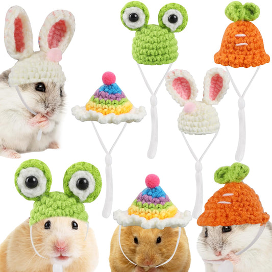4 Pieces Hamster Hat Cute Hand Knitted Tiny Hats Mini Small Animals Hat with Adjustable Strap Frog Rainbow Carrot Tiny Hats for Real Hamsters Lizard Guinea Pig Reptile Costume Accessories