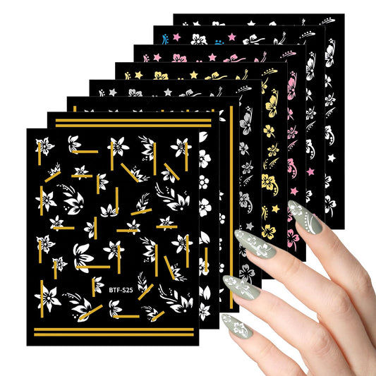 8 Sheets Flower Nail Art Stickers Decals Self-Adhesive Floral Summer Leaves Nail Supplies Nail Art Design Decoration Accessories for Women
