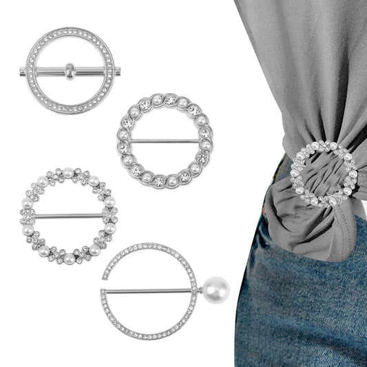 4PCS T-Shirt Clips Ties for Women Silver Scarf Ring Shirt Clip Waist Round Metal Alloy Twist Tee Knot Ring with Pearl Scarf Buckle Waist Clip for Clothing Dress Tshirt Cardigan Shawl Belts
