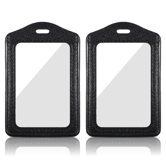 Genuine Leather ID Badge Holders, 2Pcs Leather Badge Holder with Double Side Clear Window, Vertical ID Card Holders, Waterproof Name Badge Holder for Students, Staff, Office, Employees(Black)