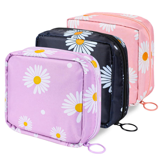 KALIONE 3Pack Sanitary Napkin Storage Bag, Portable Sanitary Pad Storage Bag, Period Pad Holder Bags Kit for Women Girls, Daisy Print Menstrual Cup Pouch with Zipper for Office School Outdoor Supplies