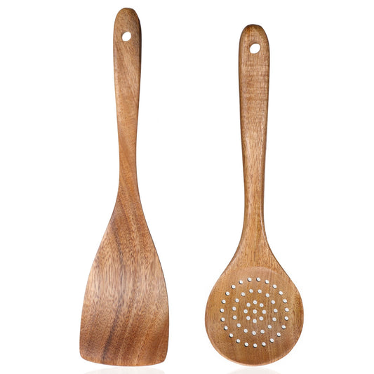 Cooking Utensil Set, 2-Piece Cooking Utensils, Wooden Cooking Spoon, Personalised Flat Wooden Spatula, Soup Ladle, Wood with Slotted, Delicate Wooden Kitchen Spatula for Non-Stick Cookware
