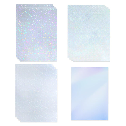12 Sheets Holographic Sticker Paper A4 Self-Adhesive Holographic Overlay Paper 4 Styles Transparent Holographic Vinyl Sticker Paper for DIY Crafts