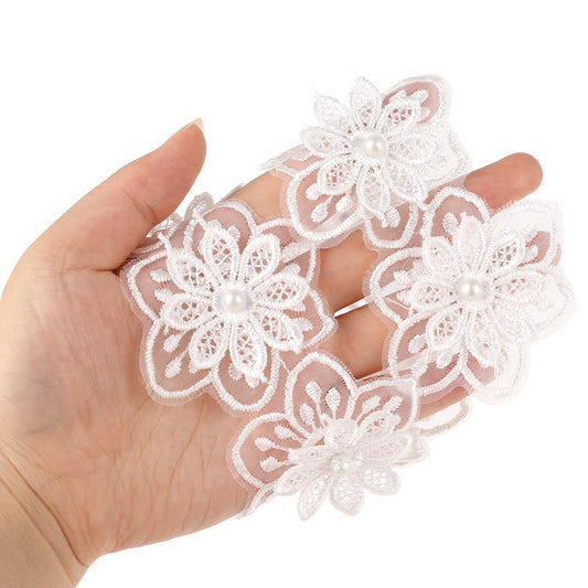3 Yards White Pearl Rose Flower Embroidered Lace Trim Ribbon, Embroidered Flower Lace Pearl Trim Ribbon Lace Trim Fabric Floral Appliques Lace Ribbon for Wedding Applique DIY Craft Decoration