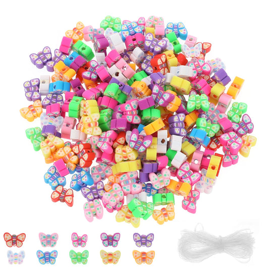 Colorful Butterfly Beads, 200 Pieces Butterfly Polymer Clay Beads Cute Flat Butterfly Charm Beads Mixed Butterfly Spacer Beads with String for DIY Bracelets Necklace Earring Jewelry Making Supplies