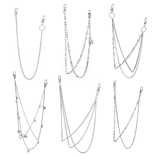 KALIONE Pocket Chain Belts Pack, 6 Pieces Multi-layer Jeans Chains Pants Chain Punk Goth Wallet Chain Metal Butterfly Lock Charm Y2k Chain Belts for Women Girls Men Jeans Shoe Bags Accessories