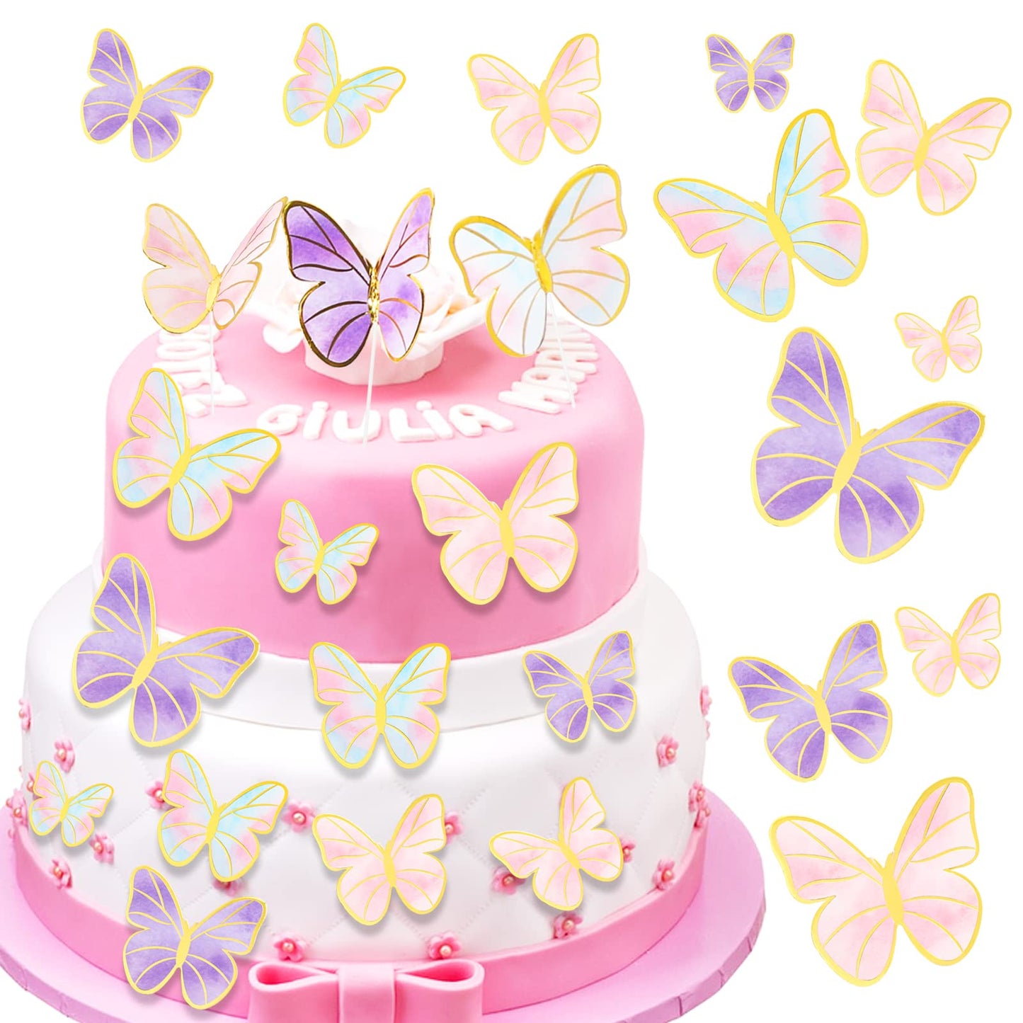 120 Pcs Butterfly Cake Topper Decorations with Sticks Pink and Purple Butterfly Toppers Butterfly Cupcake Toppers Picks for Baby Shower Wedding Birthday Party Decor, 7 Sizes