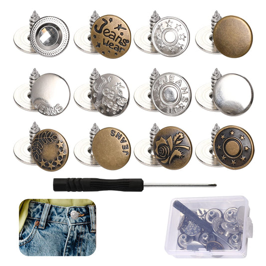 Button Pins for Jeans, 12 Sets Adjustable Jean Button Pins Metal Buttons Jean Button Tightener for Jeans Too Big, Pant Buttons to Size Down Jean Button Replacement for Loose Jeans