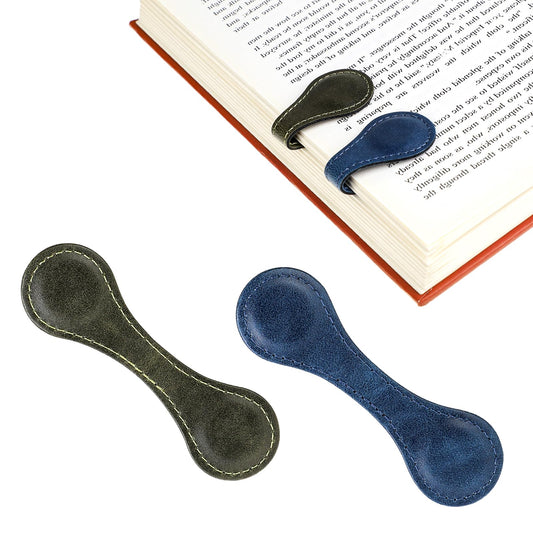 2 Pcs Magnetic Leather Bookmarks, Vintage PU Leather Magnet Bookarks, Double-Sided Magnetic Bookmarks, Leather Page Markers (Green+Blue)