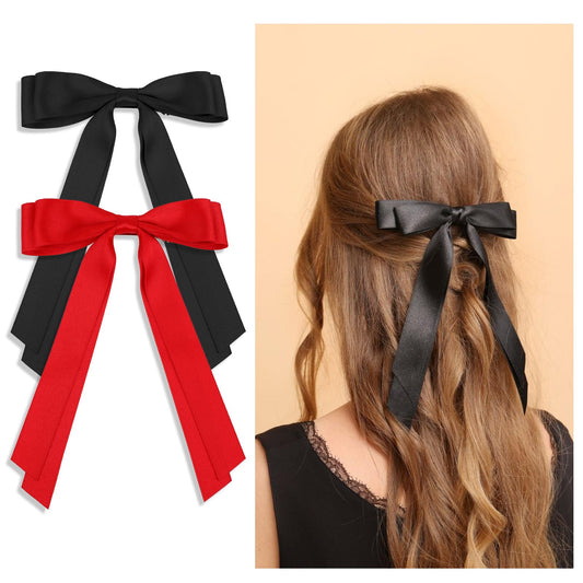 Hair Bows for Girls, 2 PCS Large Silky Satin Long Tail Hair Ribbon Clips Ponytail Holder with Metal Alligator Clips Retro Cute Black Red Hair Barrettes Aesthetic Bowknot Hair Accessories for Women