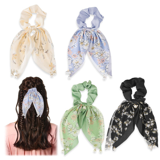 4Pcs Silk Satin Hair Scarf Scrunchies Chiffon Floral Scrunchie Ribbon Ponytail Holder Long Tail Elastic Hair Ribbons for Women and Girls