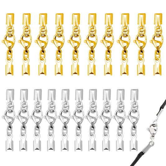 20 Pcs Cord End Cap for Jewelry Making with Lobster Clasps Stainless Steel Necklace Jewelry Making Lobster Clasps Fold Over Cord End Caps for DIY Crafts Bracelet Necklaces Making, Silver & Gold