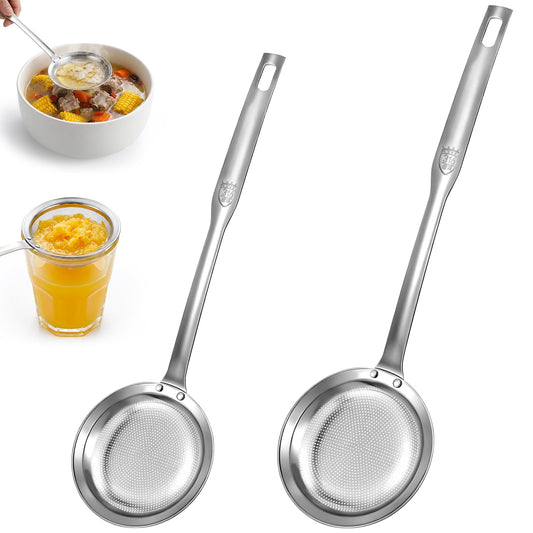 2 Pack Fat Skimmer Spoon Metal Strainer Fine Mesh Large small Stainless Steel Sieve Colander Soup Skimmer Kitchen Gadget for Oil Skimmers Spoon Filte Grease Foam Broth Oil Vegetable Quinoa Tea Juice