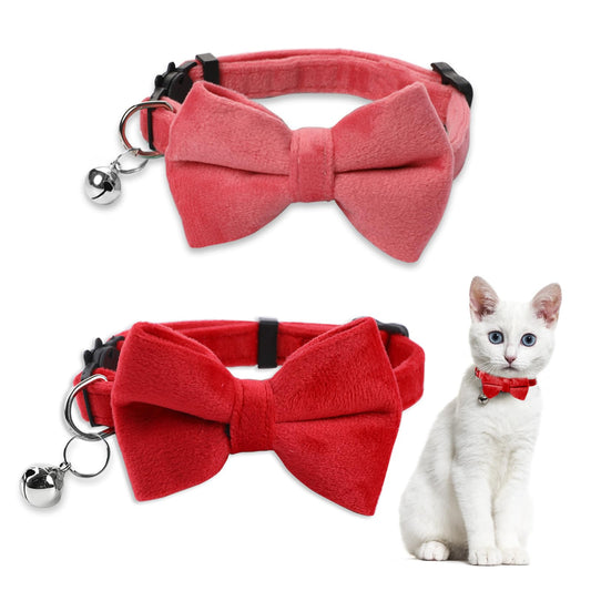 2 Pcs Cat Collars Breakaway Safety Bow Tie Cat Collar with Bell Adjustable Velvet Kitten Collars Small Puppy Bowtie Collar for Wedding Birthday Party