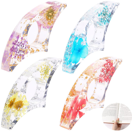 4 Pieces Dried Flower Resin Book Holders for Reading Book Page Holder Transparent Thumb Ring Page Holder Handmade Reading Accessories for Teacher Students Book Reading Lovers