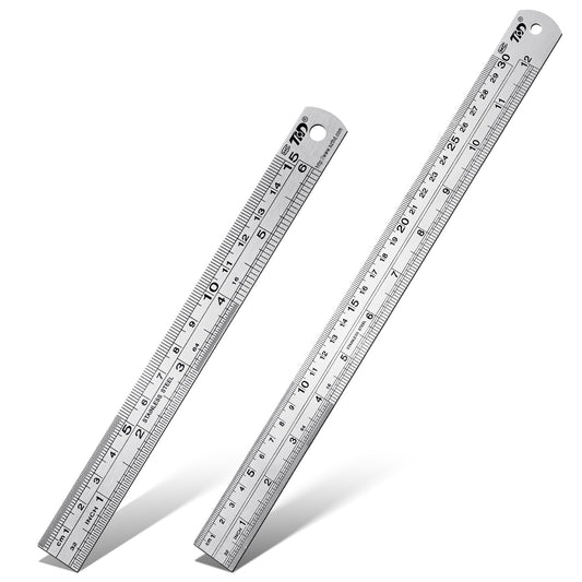Metal Ruler, Pack of 2 Metal Rulers 30 cm 15 cm Drawing Ruler Steel Ruler Precision Ruler Edge Measuring Tool Ruler Double Scale Steel Ruler with Metric & Inch Scale for Home Office