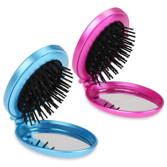 Travel Folding Brush with Mirror,2 Pcs Mini Hair Brush Elliptical Foldable Hair Brush Travel Size Hair Massage Comb Compact Hair Brushes Pocket Hair Brush Hair Styling Tools for Women (Blue & Purple)
