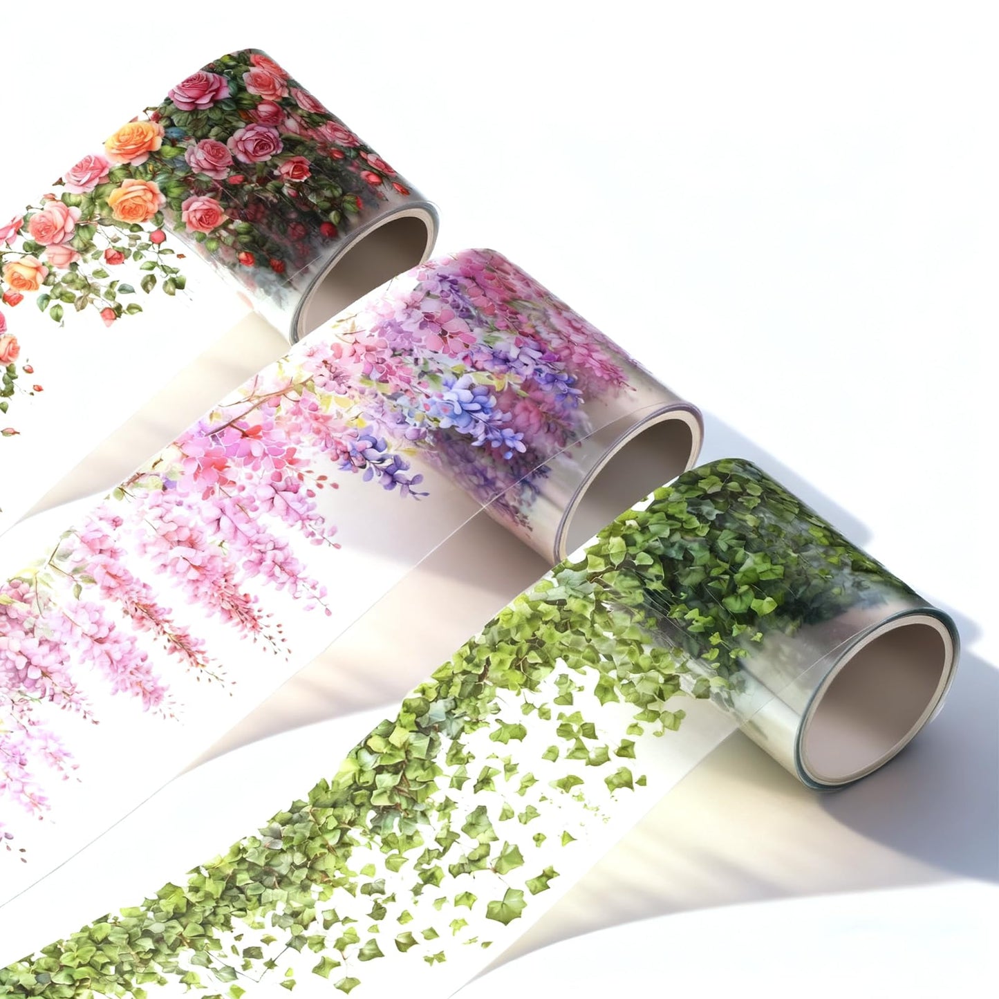 Xelsluthe Floral Washi Tape, 3 Rolls Washi Tape Stickers, Pet Decorative Tapes Stickers, 50mm Wide Self Adhesive Green Leaf Rose Vine for Scrapbook Journal Craft
