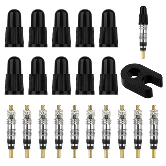 Bike Valve Core Repair Kit Includes 10pcs Replacement Tubeless Valve Cores, 10pcs Valve Core Caps and 1pcs Valve Core Removal Tool for Road Bicycle MTB Bike Tires