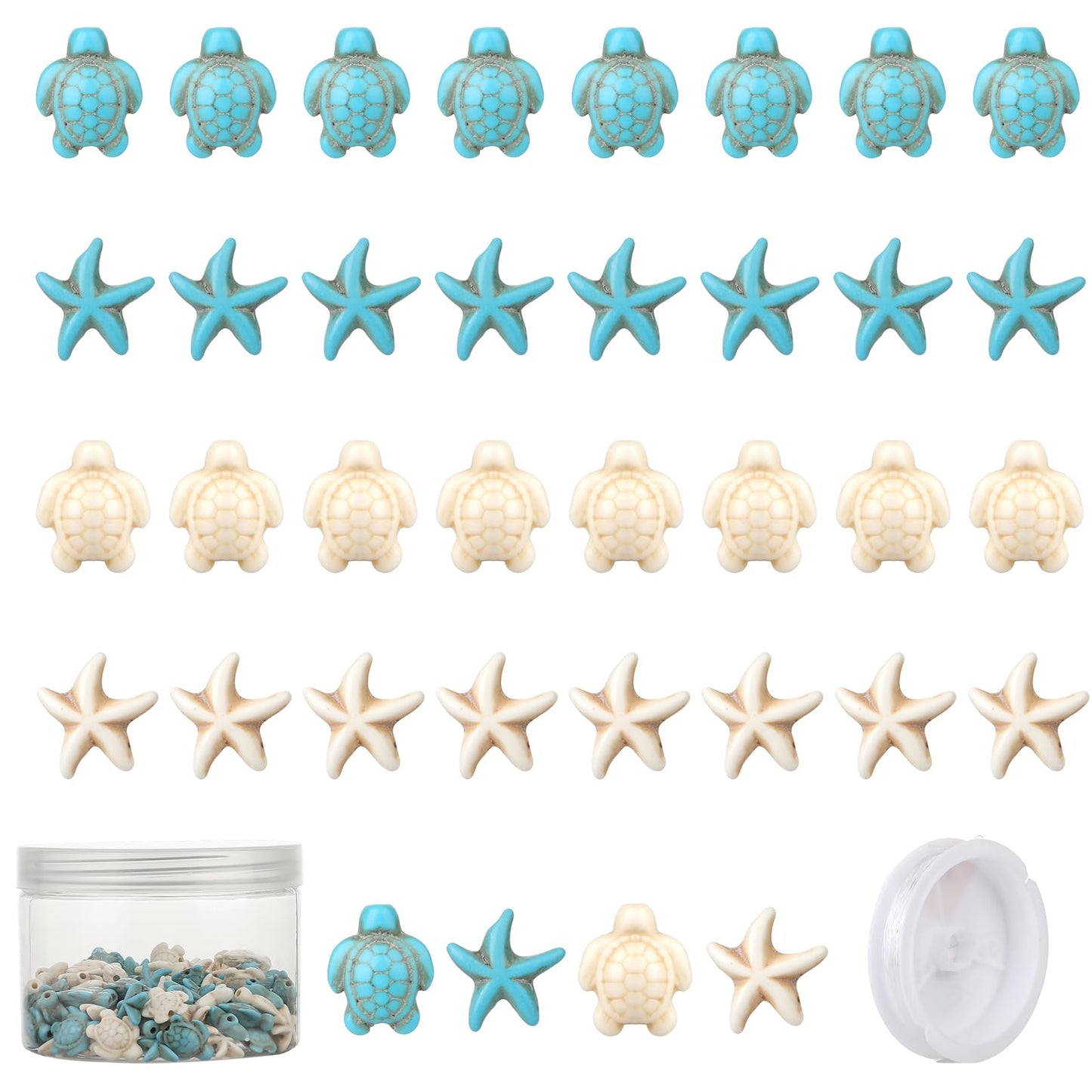 Turtle Beads Sea Turtle Beads Turquoise Starfish Bead Ocean, Blue White Tortoise Turtle Charms Starfish Beads Sea Star Turtle Spacer Beads for Bracelets DIY Jewelry Making Supplies(100Pcs/Box & Cord)