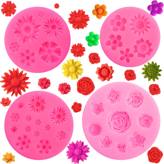 4 PCS Flower Silicone Candy Mold, Mini Daisy Flower Fondant Chocolate Silicone Molds for Cake Decorating Small Flower Fondant Cake Chocolate Mold for Baking Soap Ice Cube Wax Candy Melt Polymer Clay