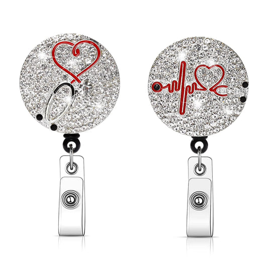 2 Pcs Rhinestone Heart Nurse Badge Clips Bling Retractable Nurse Badge Reel Heart Rhinestone Badge Clip Crystal Heart Badge Reel for Nurse Doctor Volunteer Office
