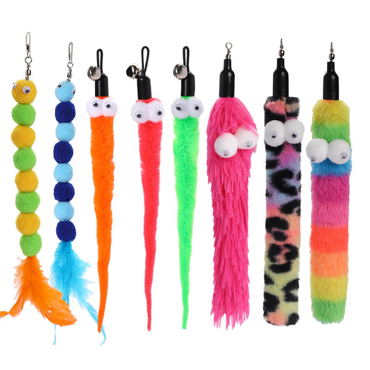 KALIONE Cat Worm Toy Refills Pack, Cat Feather Toys, 8 Packs Interactive Cat Wand Toys Replacement, Kitten Toys, Cat Wand Attachments, Interactive Cat Chase Toys for Indoor Kitten Cats Play Chase