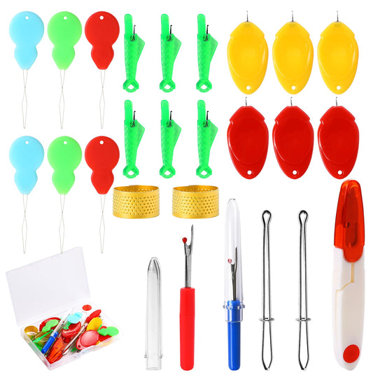 25 Pieces Needle Threaders Kit for Hand Sewing Needle Threader Tools with Storage Box Sewing Needle Threaders/Seam Rippers/Sewing Tweezers/Thimble/Scissor