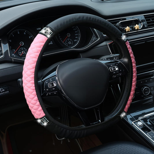 Bling Car Steering Wheel Cover, Universal 15 Inch Soft Leather Steering Wheel Protector, Rhinestones Elastic Car Steering Wheel Accessories for Women Girls, Car Interior Supplies (Pink)