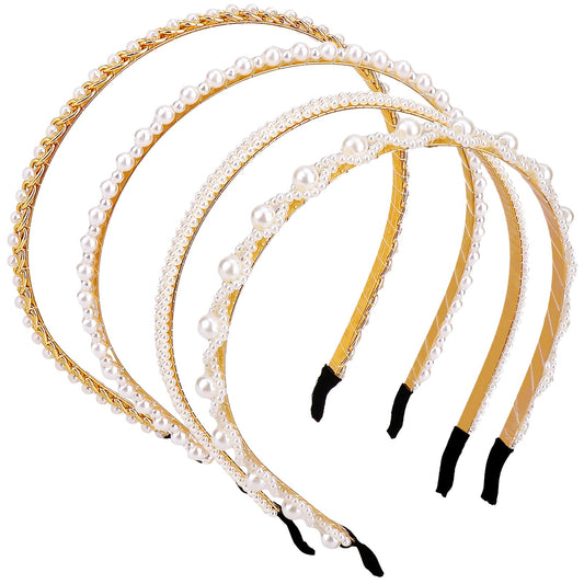 4 Pack Bridal Pearl Headband for Wedding, Gold Wedding Headband White Pearl Headbands Girls Faux Pearl Hairband for Women, Gold Headand Hair Accessories for Women