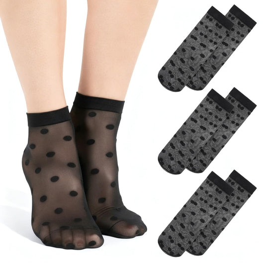 FdcLixuvol 3 Pairs Women's Nylon Ankle Socks, Sheer Polka Dot Ankle Dress Socks for Women, Stretchy Breathable Reinforced Toe Nylon Thin Fishnet Mesh Elegant Casual Lace Trouser Sockings (Black)