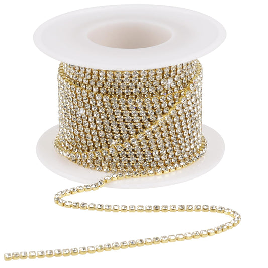KALIONE 1 Roll 10m x 2mm Crystal Rhinestone Ribbon Chain, Gold, Metallic, Alloy, Glass Rhinestones, Wedding, All Occasions, Glamorous, Solid, 2mm Width, 10m Length