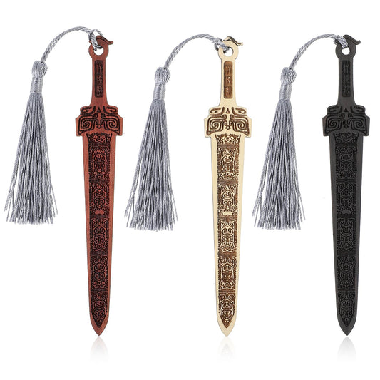 3PCS Sword Bookmarks, Sword Shaped Wooden Bookmarks, Creative Vintage Wooden Bookmark, Handmade Wood Book Mark Reading Page Markers Woods Book Marks with Tassels for Men(3 Colors)