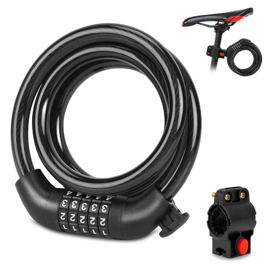 KALIONE Bike Lock Cable, Heavy Duty Cable Bike Lock, Self-Coiling Electronic Bike Lock, Resettable 5-Digit Code Bicycle Lock Combination, Black Anti Theft Bike Cable Lock with Mounting Bracket, 48 in